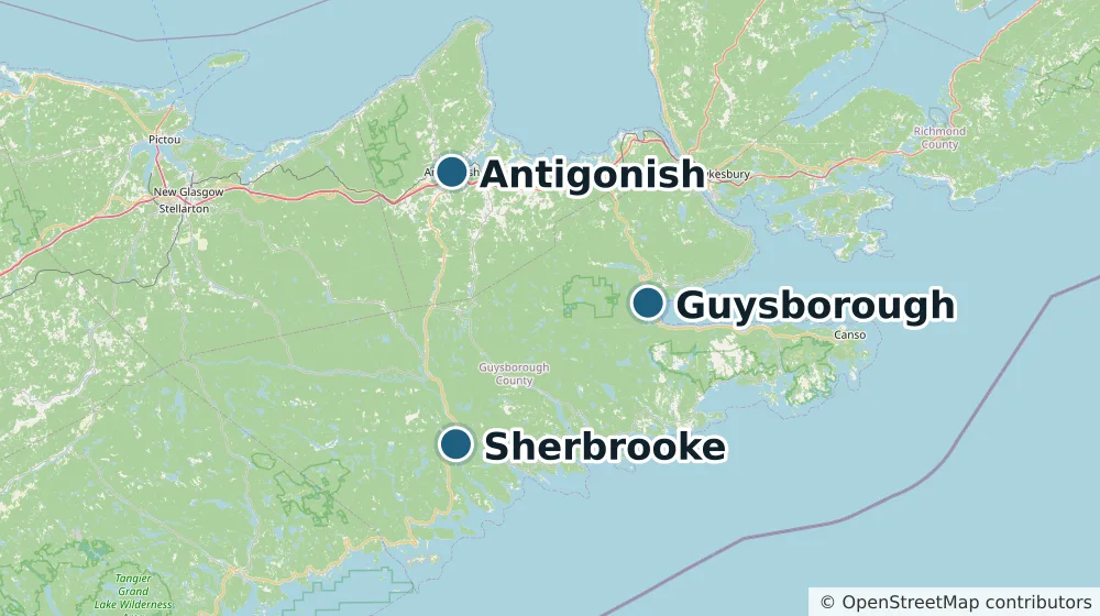 Map of the communities Bedrock Foundation Repair serves: Antigonish, Guysborough, Sherbrooke