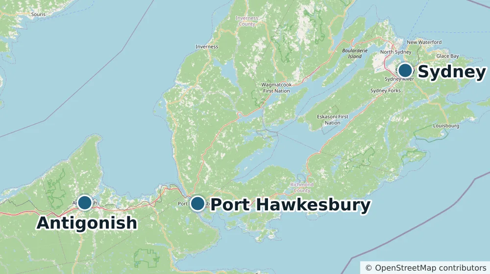 Map of the communities Soot & Sparrow Chimney serves: Antigonish, Port Hawkesbury, Sydney