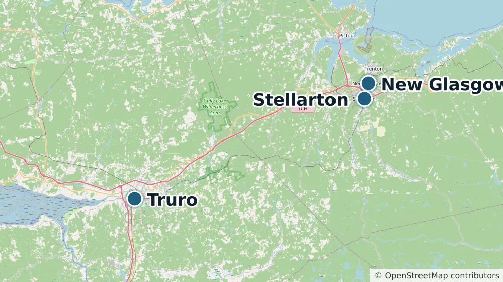 Map of the communities Spin Cycle Appliance Repair serves: New Glasgow, Stellarton, Truro
